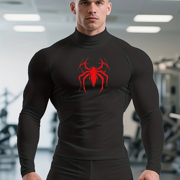 Men's High-Stretch Performance Compression Shirt with Red Spider Logo & Muscle Support - Moisture-Wicking Gym Workout Top for Powerlifting, CrossFit, Bodybuilding - Quick-Dry Muscle Fit Training Shirt with Full-Zip Design & All-Season Wear (Hand Washable) - Ideal for Strength Training & Athletic Performance - Long Sleeve T-Shirt with Snug Fit & Bold Red Spider Graphic for Men's Fitness Apparel, Muscle Suit