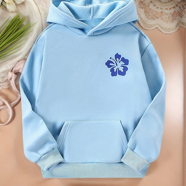 Girls' Light Hooded Sweatshirt with Floral Print - Soft Stretchy Pullover Hoodie, Long Sleeve Casual Spring/Fall Sweater for Everyday & Special Occasions, Spring Fall Clothing, Playful Design, Comfortable Fit, Durable Construction