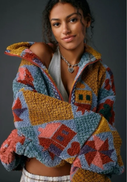 BDG Mae Printed Piled Fleece Zip-Up Jacket