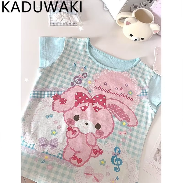 Sweet Cute Cartoon Print O-neck Pullover Tee Japanese Kawaii Age Reduction Short Sleeve Tshirt Casual All-match Summer Y2k Top - AliExpress 200000345
