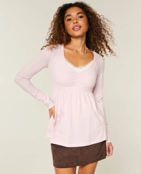 Women's Long-Sleeve Pinch Bust Graphic Babydoll Top
