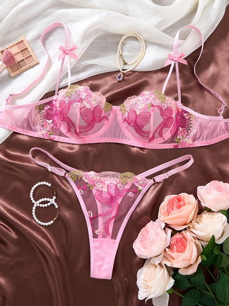 1 set pink girly bow embroidered womens 2pcs set cute semi - Temu