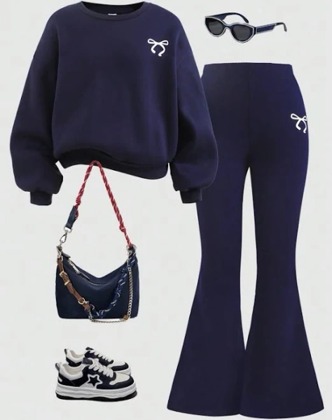 SHEIN Tween Girl Casual Minimalist Round Neck Long Sleeve Bow Sweatshirt and Flare Pants Set