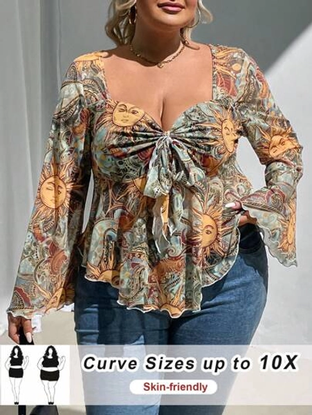 SHEIN CURVE+ Curve Plus Size Bell Sleeve Lace-Up Front Casual Shirt For Spring And Autumn Vacation, Graduation, Wedding And Party