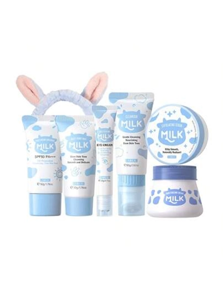 1 Set 6-Pcs LAIKOU Milk Skincare Set ,( Milk Moisturizing Sunscreen 50g & Milk Brightening Exfoliating Scrub 90g & Milk Cleanser 80g &  Milk Silky Hand Wax 50g & Milk Roll & Glow Eye Cream 20g &  Milk Moisturizing Cream 55g & LAIKOU Octopus Facial Brush & Headband ( Red Dots)) Moisturizing Skin Care Gift Boxes Moisture Repair Skin Care Gift Bag For Women All Skin Types Self Care Gifts For Mom