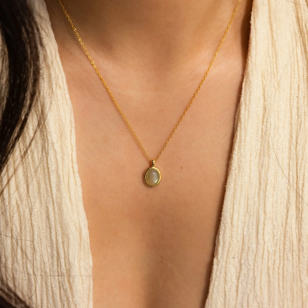 Natural Labradorite Necklace by Caitlyn Minimalist • Oval Gemstone Pendant Necklace on Cable Chain • Crystal Jewelry • Gift for Mom • NR206