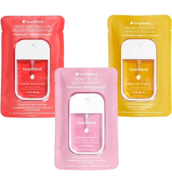 Touchland Power Mist Hydrating Hand Sanitizer Spray, FRUITY Trio Set (Wild Watermelon, Berry Bliss, Mango Passion), 1 FL. OZ. Travel Size (Set Of 3)