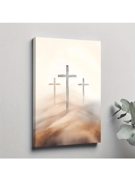 1pc Framed Canvas Poster, Three Crosses Jesus Wall Art Canvas Paintings, Ideal Gift For Bedroom Living Room Corridor, Wall Art, Room Decoration