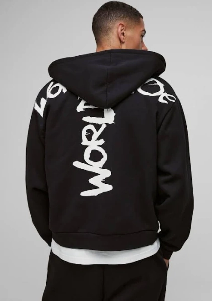boohooMAN Men's Oversized Boxy Zip Through Graffiti Print Hoodie