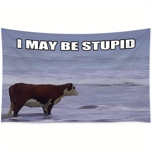 1pc "I May Be Stupid" Cow Meme Tapestry - Humorous Beach Scene Design, Durable Peach Light Beige Fabric, Horizontal Wall Hanging for College Dorm, Bedroom, Party & Outdoor Decor, Dorm Room Accessory, Playful Design, Soft Texture