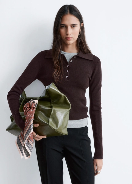 Rib-Knit Merino Wool Polo Top