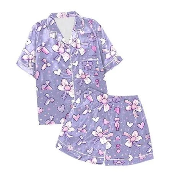 Bigetiay Kids Girls Pajamas Silk Bow Print Short Sleeve Button Down Shorts Girls Summer Pajamas