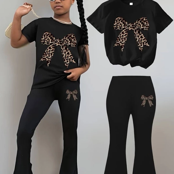 Y2K Leopard Bow Print T-Shirt & Flared Pants Outfit