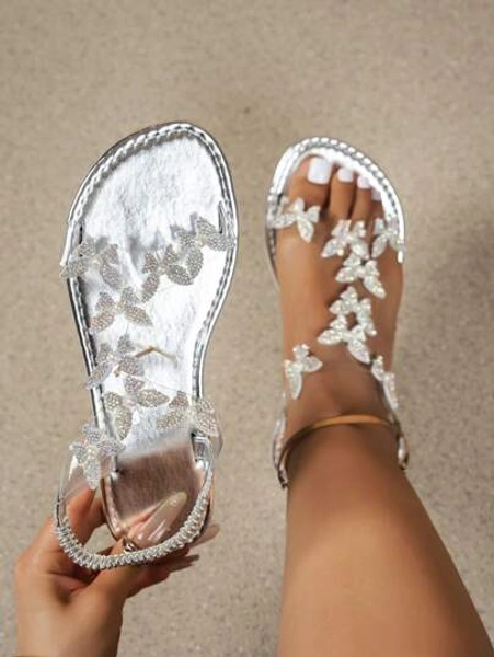 Wide Fit Women 2024 New Butterfly Decor Elastic Back Casual Vacation Style Fashion Versatile Sexy Comfortable Lightweight Non-Slip Classic White Flat Sandals
