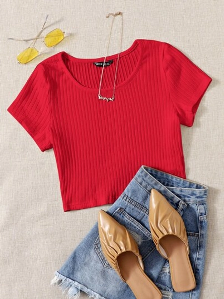 SHEIN EZwear Solid Rib-knit Top