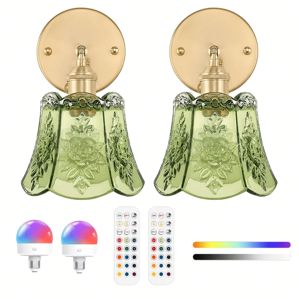 Vintage Battery Operated Wall Sconces Set Of Two, Wireless Battery Powered Rose Wall Sconce With Remote Control, RGB Dimmable LED Wall Light For Bedside Bathroom Living Room