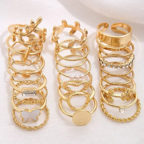 24pcs Geometric Inlaid Rhinestone Faux Pearl Rings