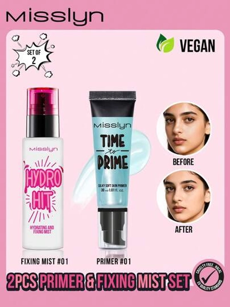 Misslyn MISSLYN-2PCS Prime & Fixing Mist Set, HYDRATING AND FIXING MIS, Hydrating And Fixing Mist, 2 In 1 Spray, Long-Lasting Makeup, Hydrating, Ultra Fine Mist, Glow Finish, Soothing And Lightweight, TIME TO PRIME SILKY HYDRATING SKIN PRIMER 30ml, Primer Face Makeup,For Smoothing Skin & Gripping Makeup, Moisturizes & Primes, Y2K Makeup Party Beach