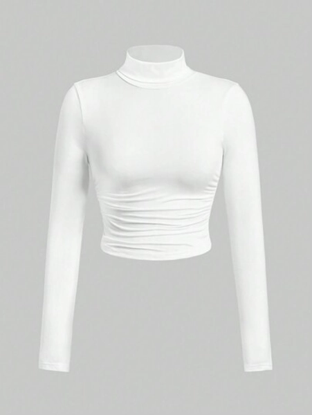 SHEIN EZwear Women Casual White Mock Neck Ruched Crop Tee