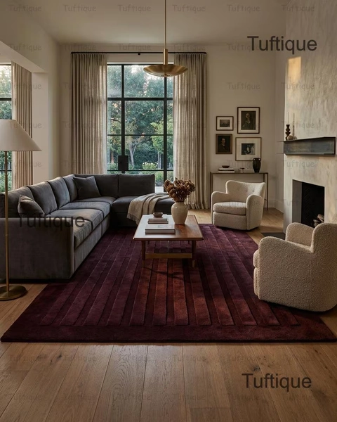 Hand Tufted Wool Area Rug | Deep Wine, High-Low Pile Burgundy Solid Carpet