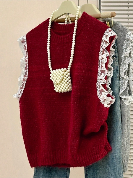 Women's Versatile Lace Patchwork Knit Sweater Vest Sleeveless Top, Spring