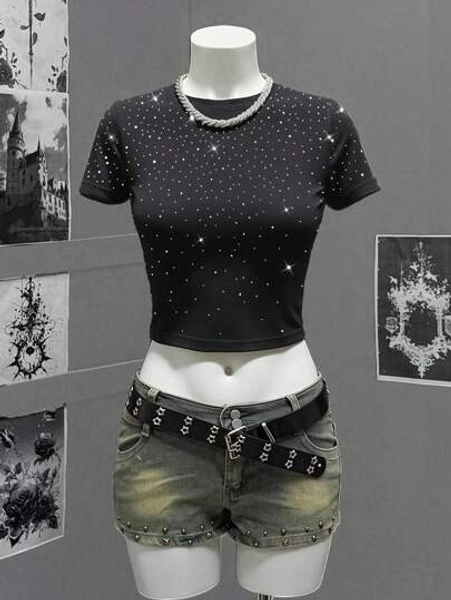Rina Fox Women Top's, Rhinestone Embossed, Starry Sky Sequined High-Waist, Slim And Short Fashionable Round-Neck Short-Sleeved T-Shirt, Summer 2025 New Women Tee