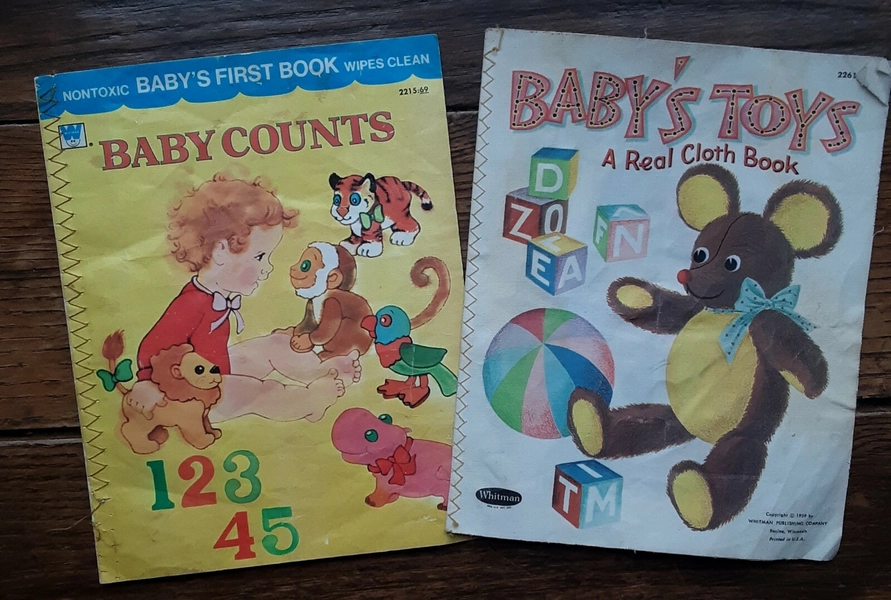 Vintage 3 Children's Cloth Books.1950's-7<wbr/>0's. I Know. Baby's Toys. Baby Counts