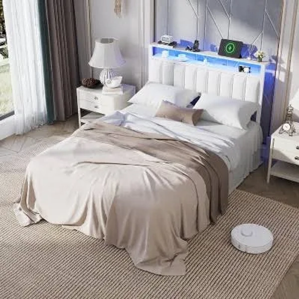 Furnulem White Full Size Bed Frame with Charging Station Led Lights Pu Leather Upholstered Headboard W/ 2-Tier Storage Shelves No Box Spring Needed