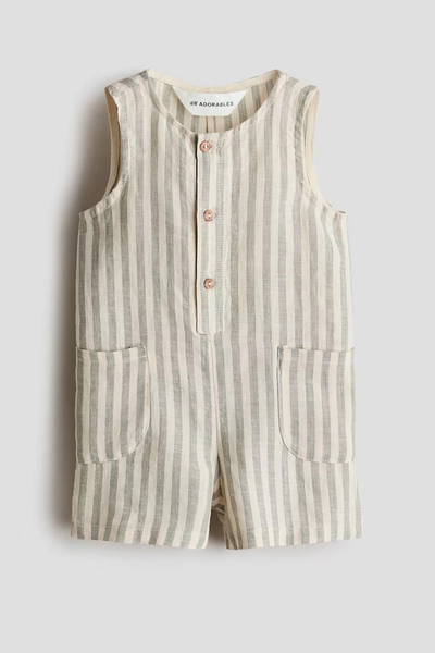 Linen Romper Suit - Beige/green striped