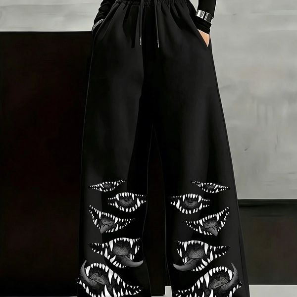 Women's Gothic Y2K Punk Straight-Leg Pants with Fang Graffiti Print & Front Pocket - Loose Fit Dark Streetwear Trousers, Machine Washable Suitable for Outdoor, Commuting, College Style, Year-Round Wear (No Transparency)