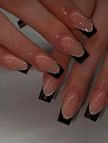 Elevate Your Style With, 24Pcs/Set Long Coffin Black French Tip Press On Nails Tips Chic Minimalist Style - Reusable Design Fake Nail,Contain 1Pc Jelly Glue And 1Pc Nail File, Acrylic Fake Nails For Women And Girls, Daily Life And Party Use Nail Supplies Nails