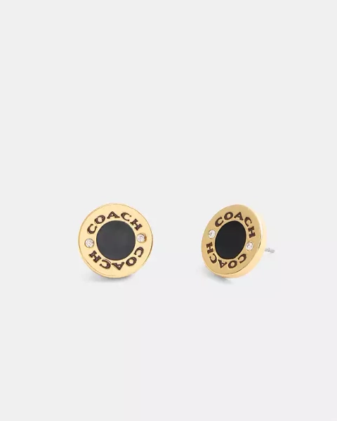Gold/Black Coach Enamel Circle Stud Earrings
