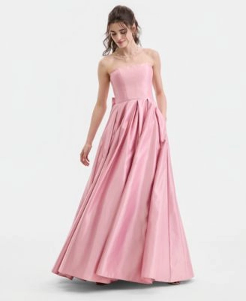 Juniors Strapless Satin Gown with Pleated Skirt and Back Bow Detail