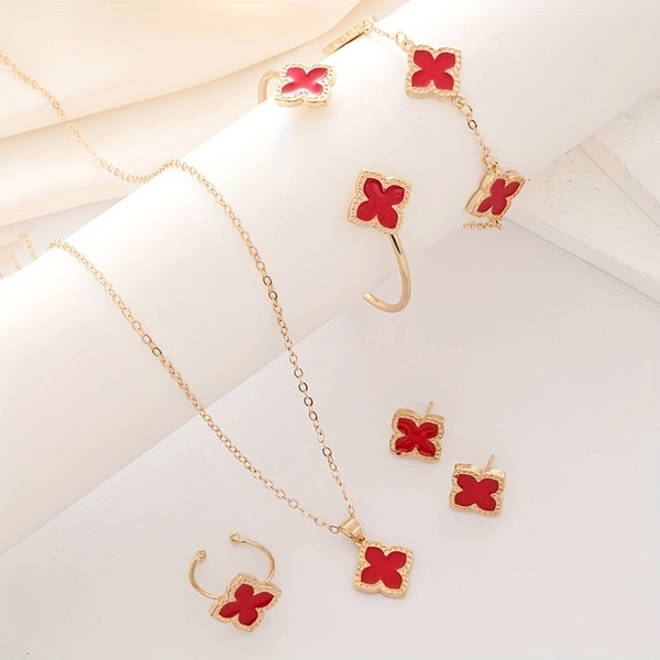 6pcs Clover Earrings, Necklace, Bracelet & Ring Jewelry Set for - -Plated Clover Flower Matching Suite, Elegant Daily Wear & Gift, Year-Round Versatile (Bracelet & Earrings/Necklace/Ring)