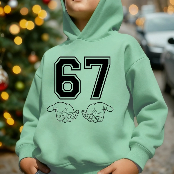 Boys' Cozy Fleece Hooded Sweatshirt with "67" Number & Hand Print Design - Green Casual Long Sleeve Pullover, Regular Fit, Fall/Winter Warmth, Casual Wear Hoodie, |casual Style Hoodie|stretchy Fabric Hoodie