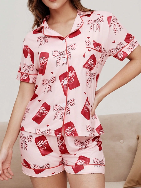 2pcs Women Valentine's Day Polka Dot Bow Drink Heart Print Short Sleeve Shorts Pajama Set, Romantic Red Trim Knit Top With Open Front Button Pockets Elastic Waist Pants, Suitable For All Seasons Casual Loungewear