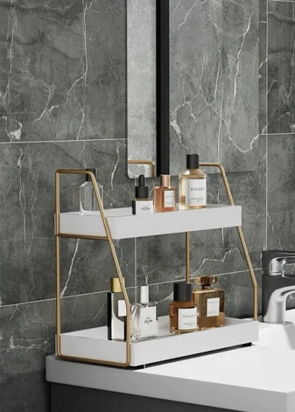 2 Teir Bathroom Counter Top Organizer Storage Shelf In White & Gold