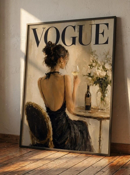 Vintage Vogue Fashion Magazine Cover Print, Chic Woman Wine Glass Poster, Elegant Aesthetic Decor, Unframed | Satin & Archival Matte