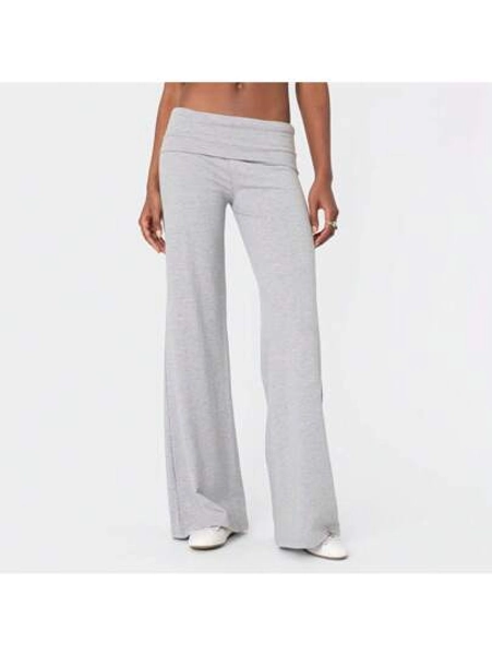 Fold Over Yoga Pants For Women Elastic Waist Low Rise Straight Leg Sweatpants Y2k Solid Color Stretchy Loose Gym Lounge Leggings Back To School Clothes For Teen Girls