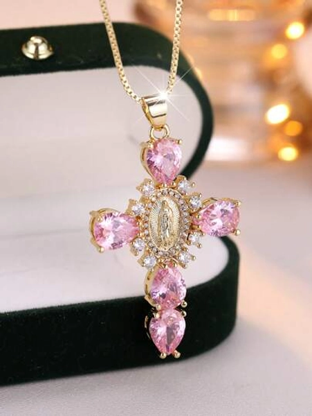 Tsnamer 1 Pc Vintage Oval Virgin Mary Cubic Zirconia Cross Pendant Necklace Copper Jewelry