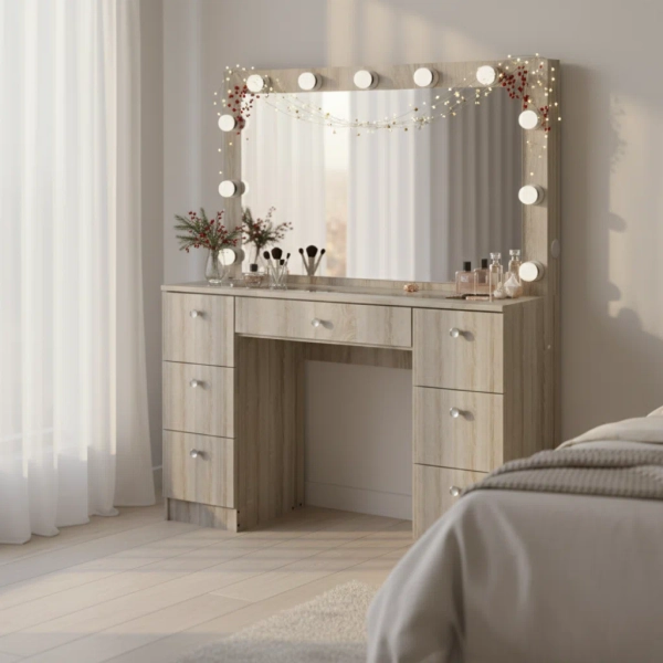 Boahaus LLC Boahaus Yara Large Lighted Makeup Vanity Desk with Big Mirror and Built-In Lights & Reviews | Wayfair
