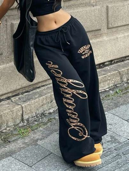 Coolane Women's Fall/Winter Streetwear  Game Day Back To School Vintage Cheetah Print Comfortable Black Baggy Sweatpants Wide Leg Sweatpants