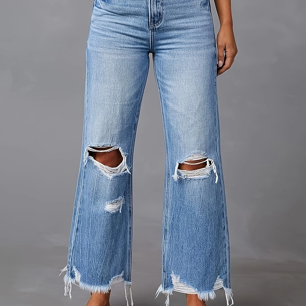 Women' High-Waisted Wide-Leg Fringed Denim Jeans - Ripped Straight-Leg Pants with Fringe Hem, Machine Washable Solid Color Suitable for Streetwear, Casual Outfits, - Trousers (No Transparency)