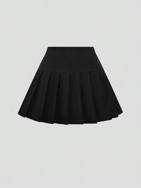 Sweetra Solid Color Casual Pleated Skirt