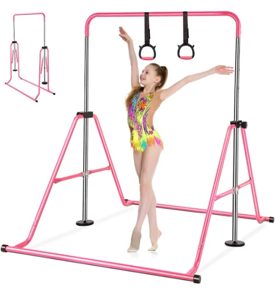 Gymnastics Bar with Mat for Kids, Folding Training Bar Expandable Horizontal Bar Junior Gymnastics Bars Adjustable Height Fitness Equipment for Home