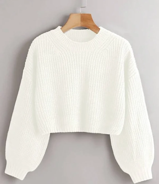 Franclia Solid Drop Shoulder Crop Sweater,Long Sleeve Tops Knit Pullover Fall Winter Outfit,M