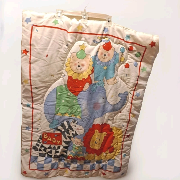 Vintage Baby Comforter Blanket Circus Bears Animals Elephant Lion Read 1980s 90s