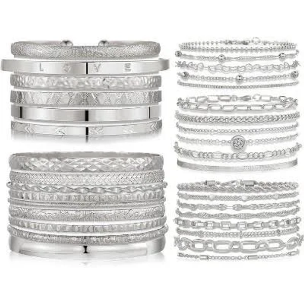 Women's Silver Chain Bangle Bracelets (5 Pack)
