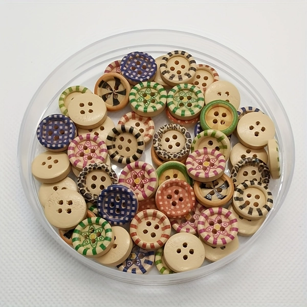 50pcs Assorted Wooden Buttons - 1.5cm, Mixed Colors with Floral and Leopard Prints, Ideal for DIY Crafts and Sewing Projects, Sewing Accessories|Floral Print Buttons|Decorative Crafting Items, Sewing Supplies Accessories