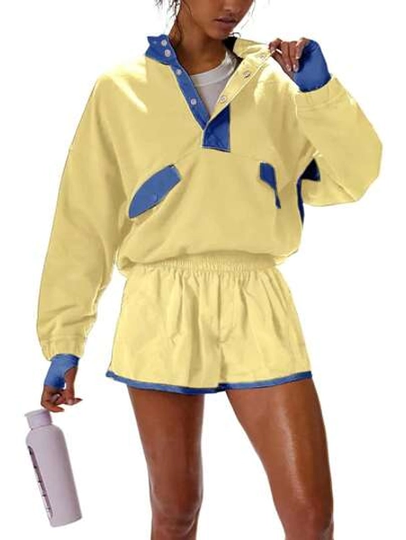 Women's Early Fall Sports Two Piece Contrast Half Placket Elasticated Waistband Top Elasticated Waistband Shorts